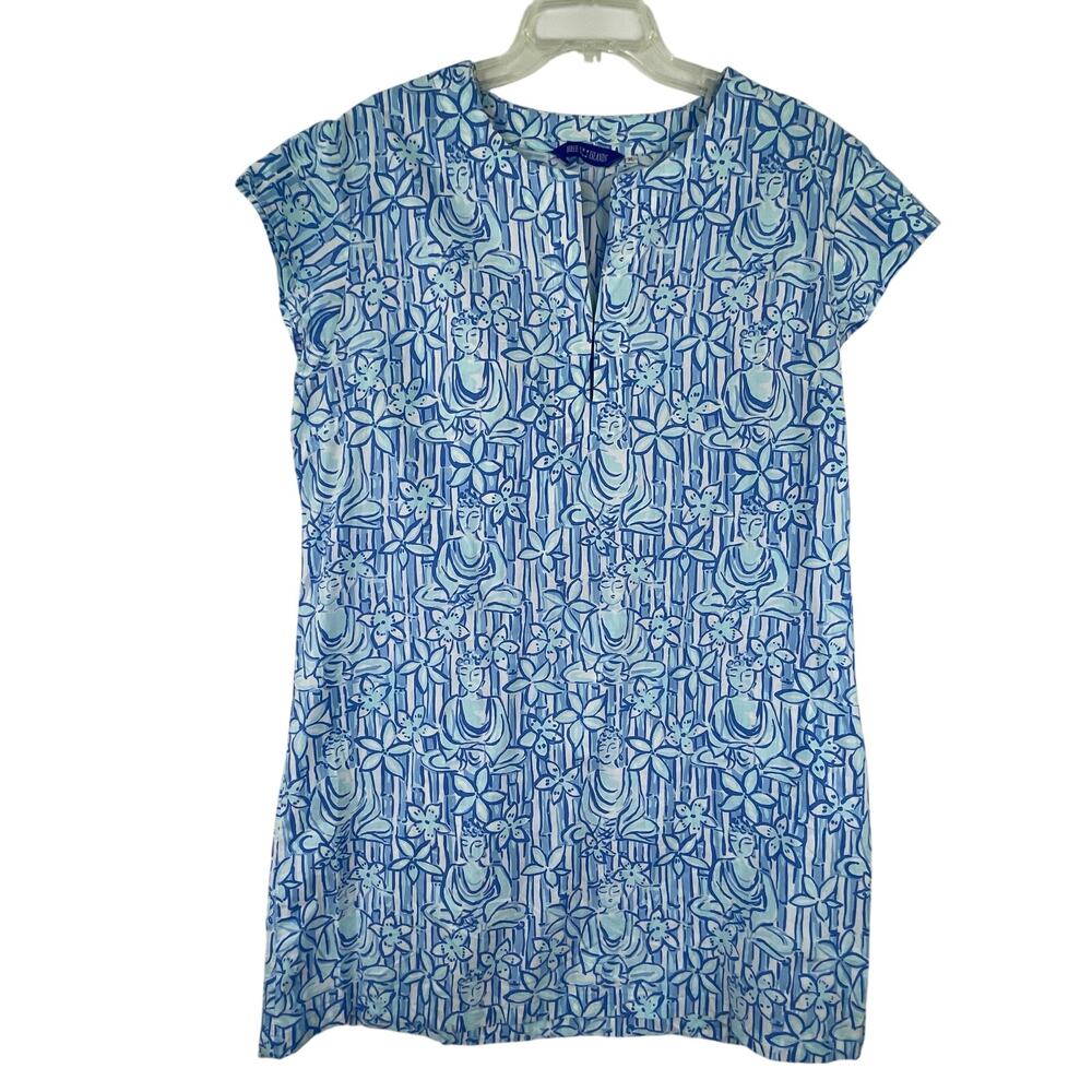 Three Islands Blue Buda Coastal Print Dress Size XL 100% Cotton Tropical Beach